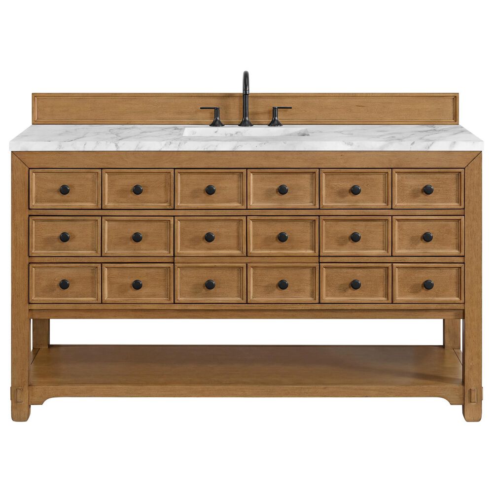 James Martin Malibu 60" Single Bathroom Vanity in Amber Birch with 3 cm Carrara White Marble Top and Rectangular Sink, , large
