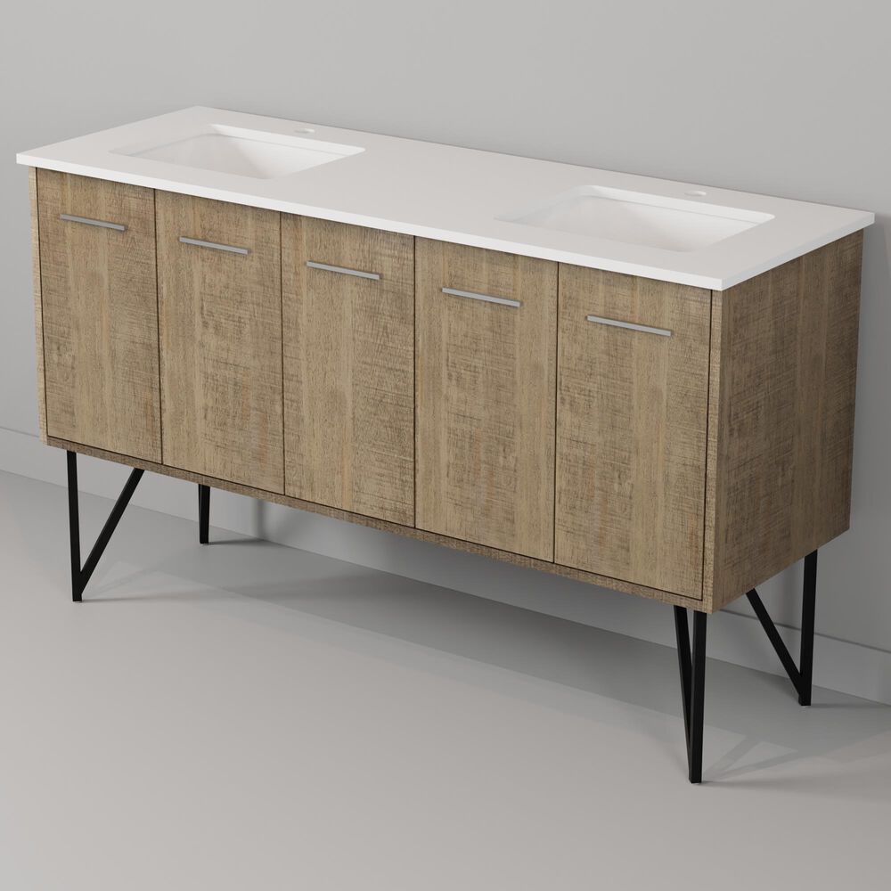 Lexora Home Lancy 60" Double Bathroom Vanity in Rustic Acacia with 2 cm White Cultured Marble Top and Rectangular Sinks, , large