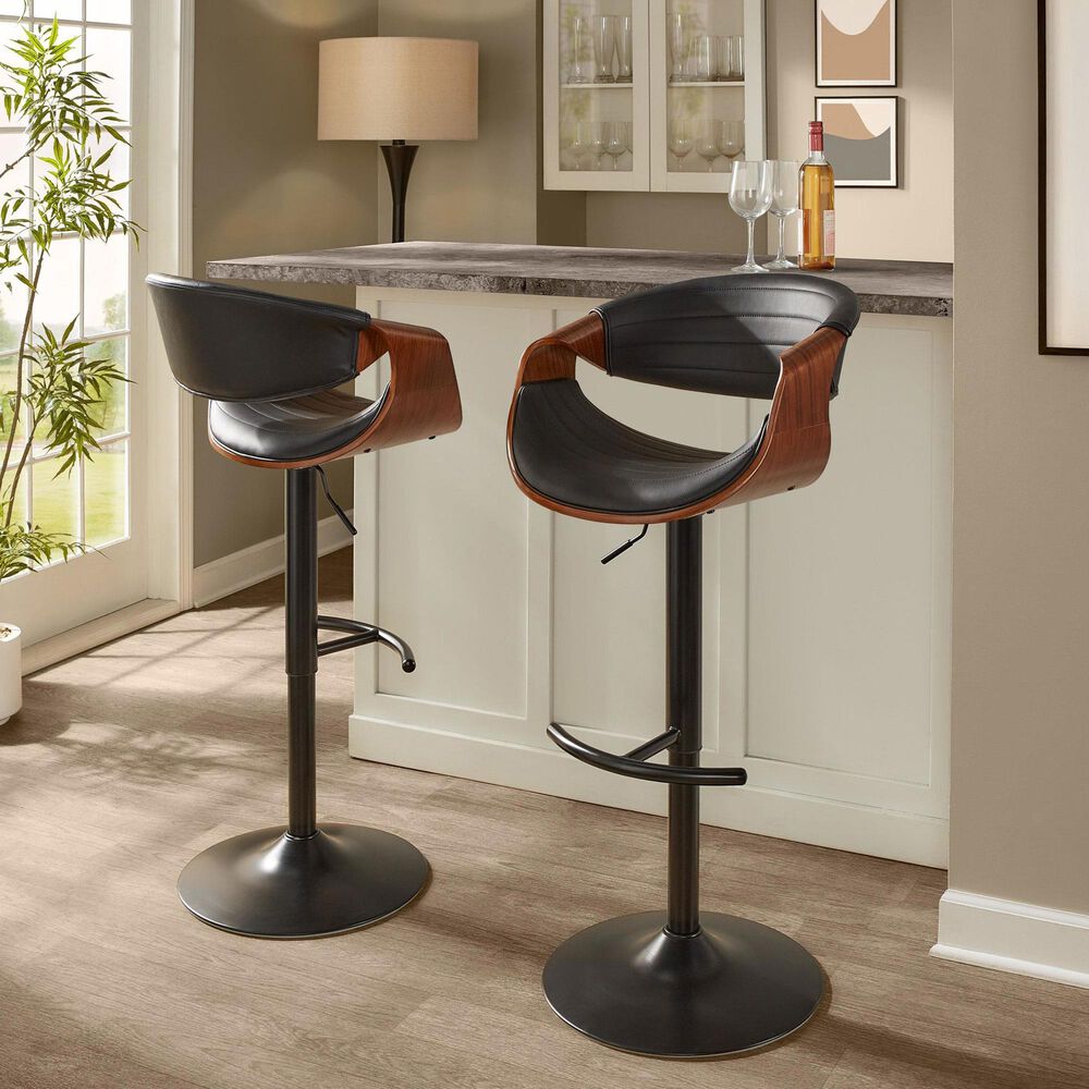 LumiSource Symphony Swivel Adjustable Bar Stool with Black Upholstery in Walnut and Black (Set of 2), , large