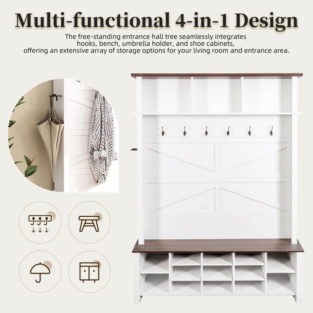 HOMLUX 6-Hook Hall Tree with 16-Compartment in White and Walnut, , large