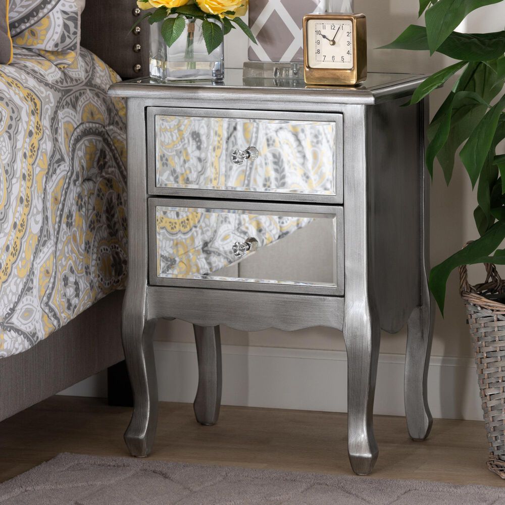 Baxton Studio Leonie 2-Drawer Nightstand in Silver/Mirror, , large
