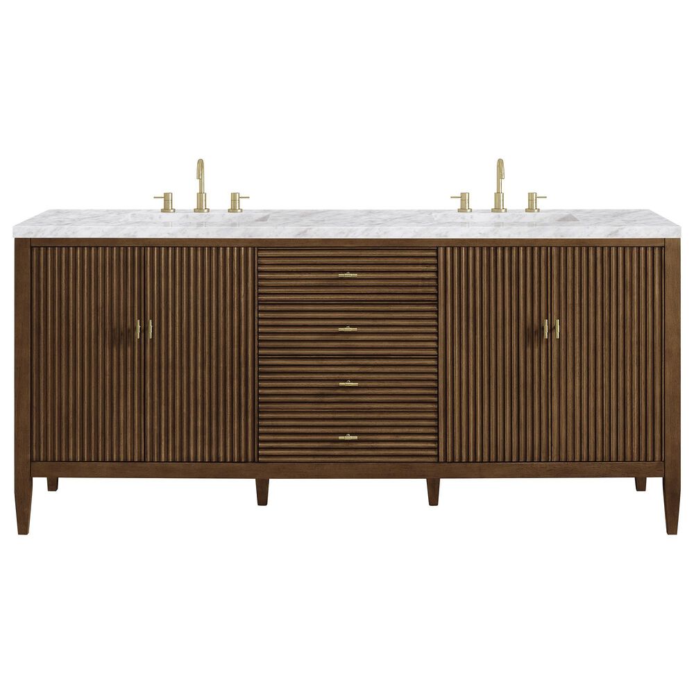 James Martin Vanities Myrrin 72&quot; Double Vanity in Mid Century Walnut with 3 cm Carrara White Marble Top, , large