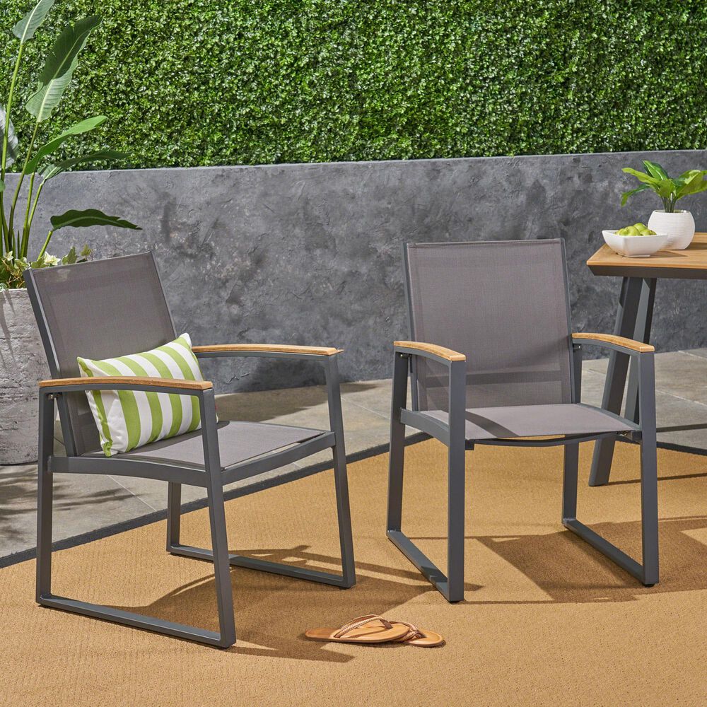 Hearth and Haven Glasgow Outdoor Dining Chair with Mesh Seat in Grey &#40;Set of 2&#41;, , large