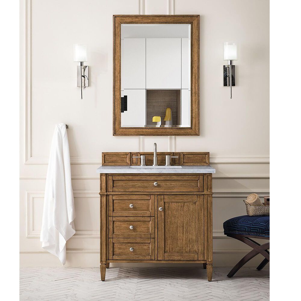 James Martin Vanities Brittany 36" Single Bathroom Vanity in Saddle Brown with 3 cm Eternal Jasmine Pearl Quartz Top and Rectangular Sink, , large