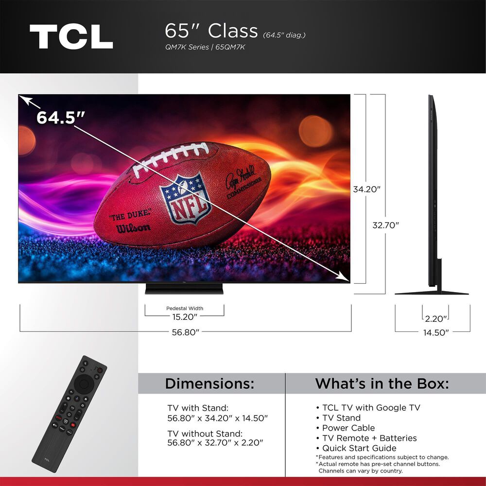 TCL 65&quot; Class QM7K Series 4K UHD HDR QD-Mini LED - Smart Google TV with S Class 2.1 Channel Soundbar System in Black, , large