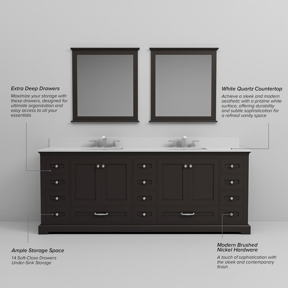 Lexora Home Dukes 84&quot; Double Bathroom Vanity in Espresso with 2 cm White Quartz Top and Rectangular Sinks, , large