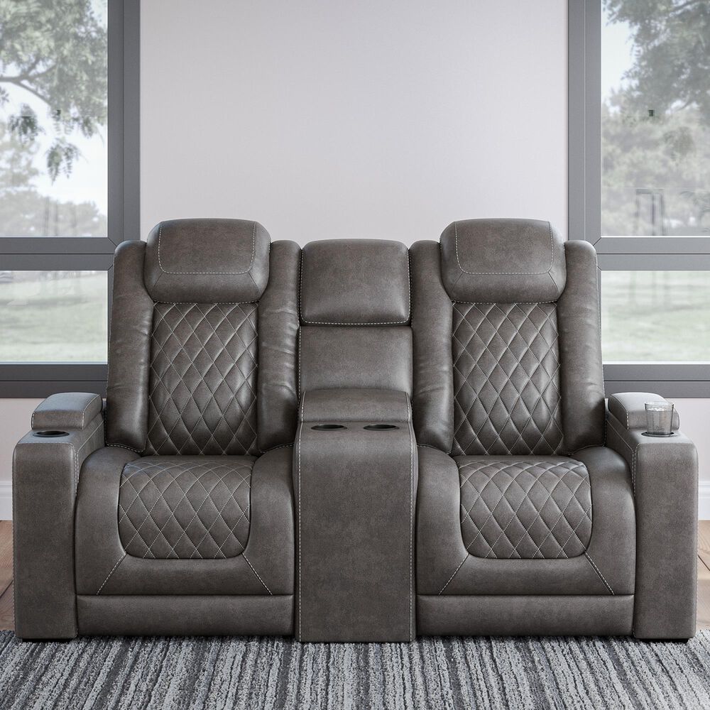 Signature Design by Ashley HyllMont Power Recliner Console Loveseat with Power Headrest in Gray, , large