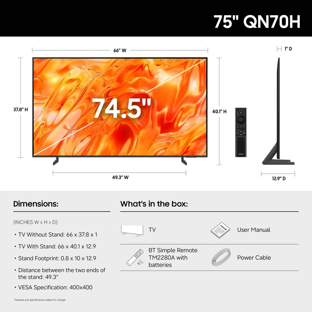 Samsung 75" Class QN70H Series Neo QLED Mini LED 4K UHD Vision AI - Smart Tizen TV with B-series 5.1 Channel Soundbar System in Titan Gray and Black, , large