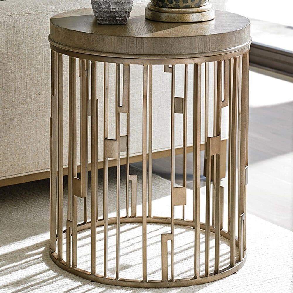 Lexington Furniture Shadow Play Studio Round Accent Table in Taupe Gray and Burnished Silver, , large