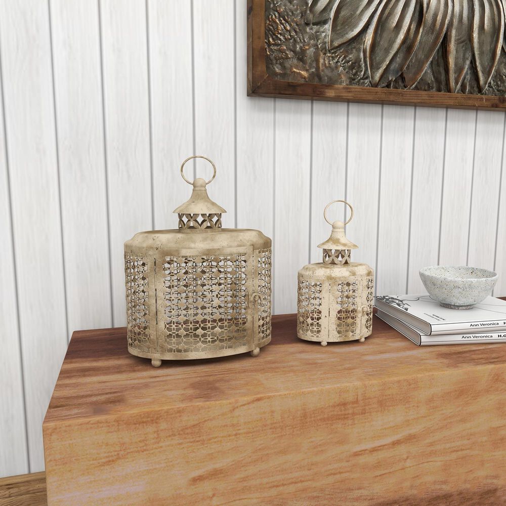 Maple and Jade Rustic Metal Lantern in Beige &#40;Set of 2&#41;, , large