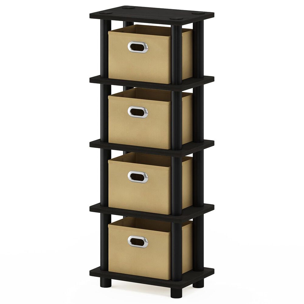 HOMLUX 5-Tier Tall Corner Open Bookshelf with 4 Storage Bins in Espresso and Black, , large
