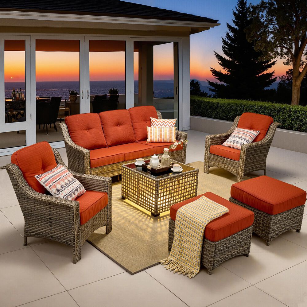 HOMLUX 6-Piece Patio Conversation Set with Coffee Table in Orange Red, , large