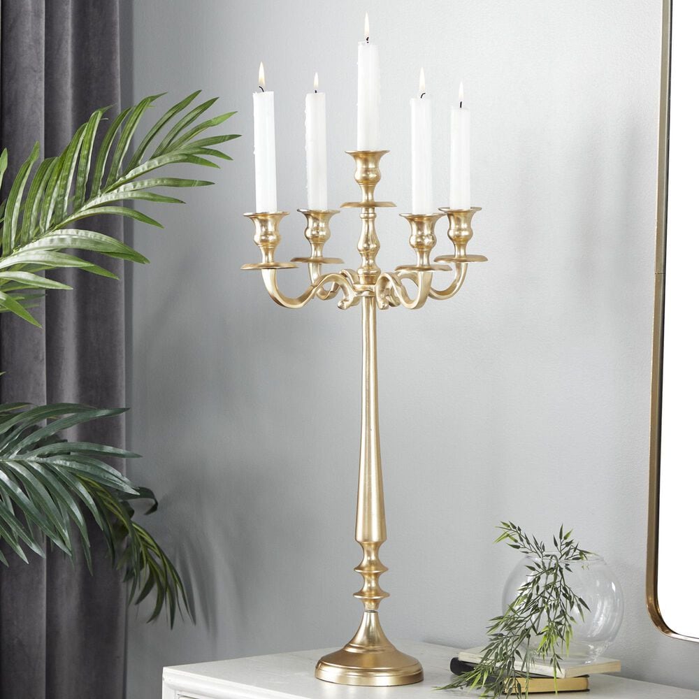 Maple and Jade Tapered 5-Plate Candelabra in Polished Gold, , large