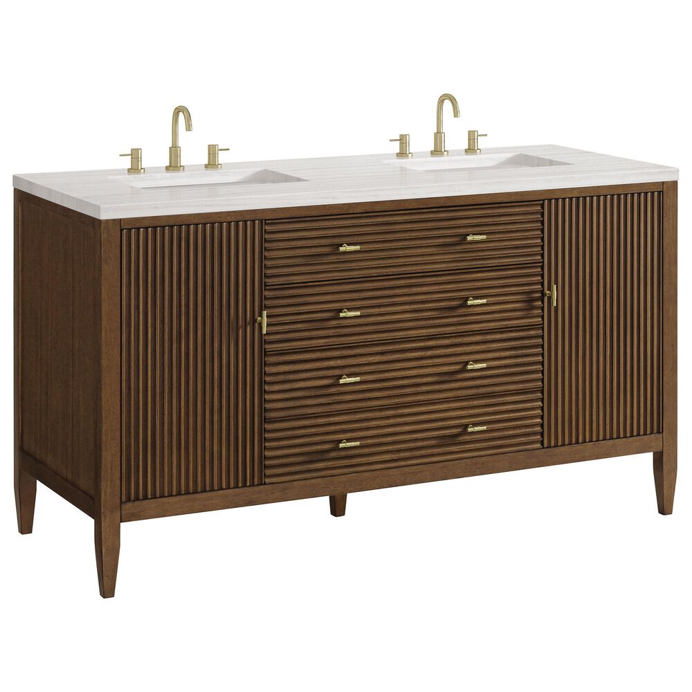 James Martin Vanities Myrrin 60" Double Vanity in Mid Century Walnut with 3 cm Arctic Fall Solid Surface Top, , large
