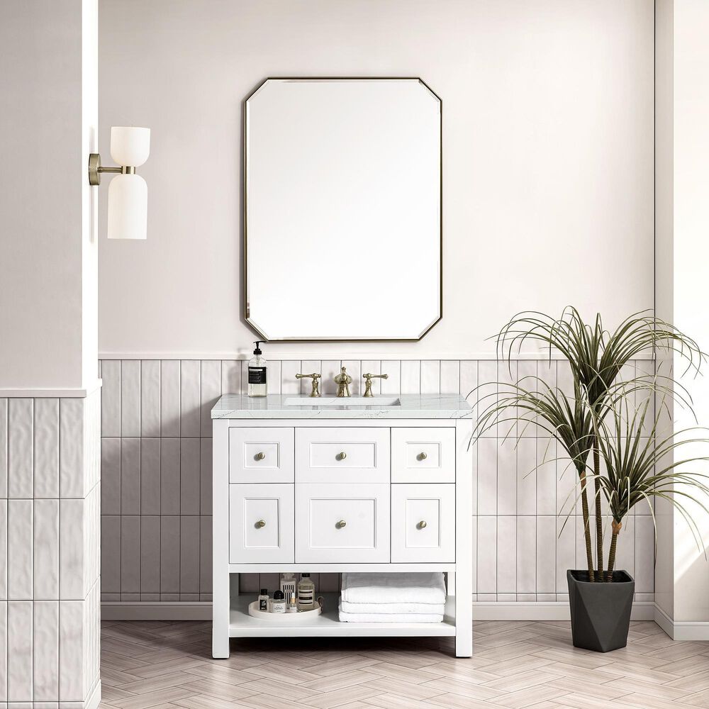 James Martin Vanities Breckenridge 36&quot; Single Bathroom Vanity in Bright White with 3 cm Ethereal Noctis Quartz Top and Rectangular Sink, , large