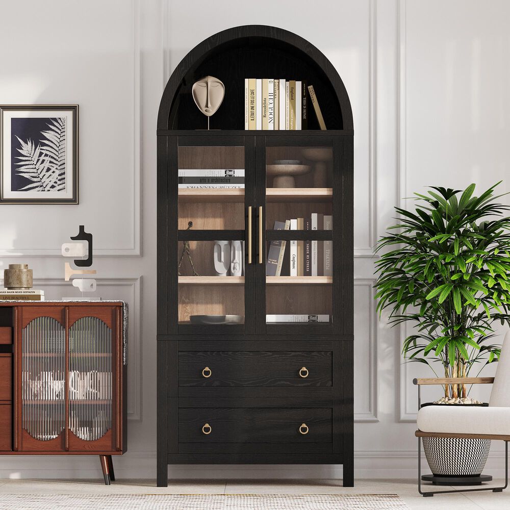 HOMLUX 71" Arched Kitchen Pantry Cabinet in Black, , large