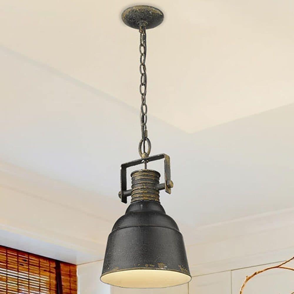 Golden Lighting Quarry 1-Light Pendant in Antique Black Iron and Gold, , large