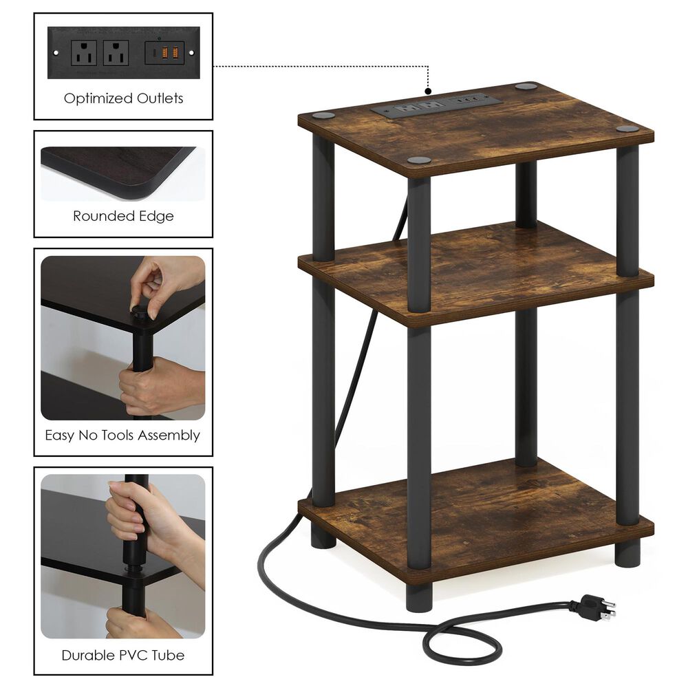 HOMLUX 3-Tier Turn-N-Tube End Table with 2 USB ports in Amber Pine and Black, , large