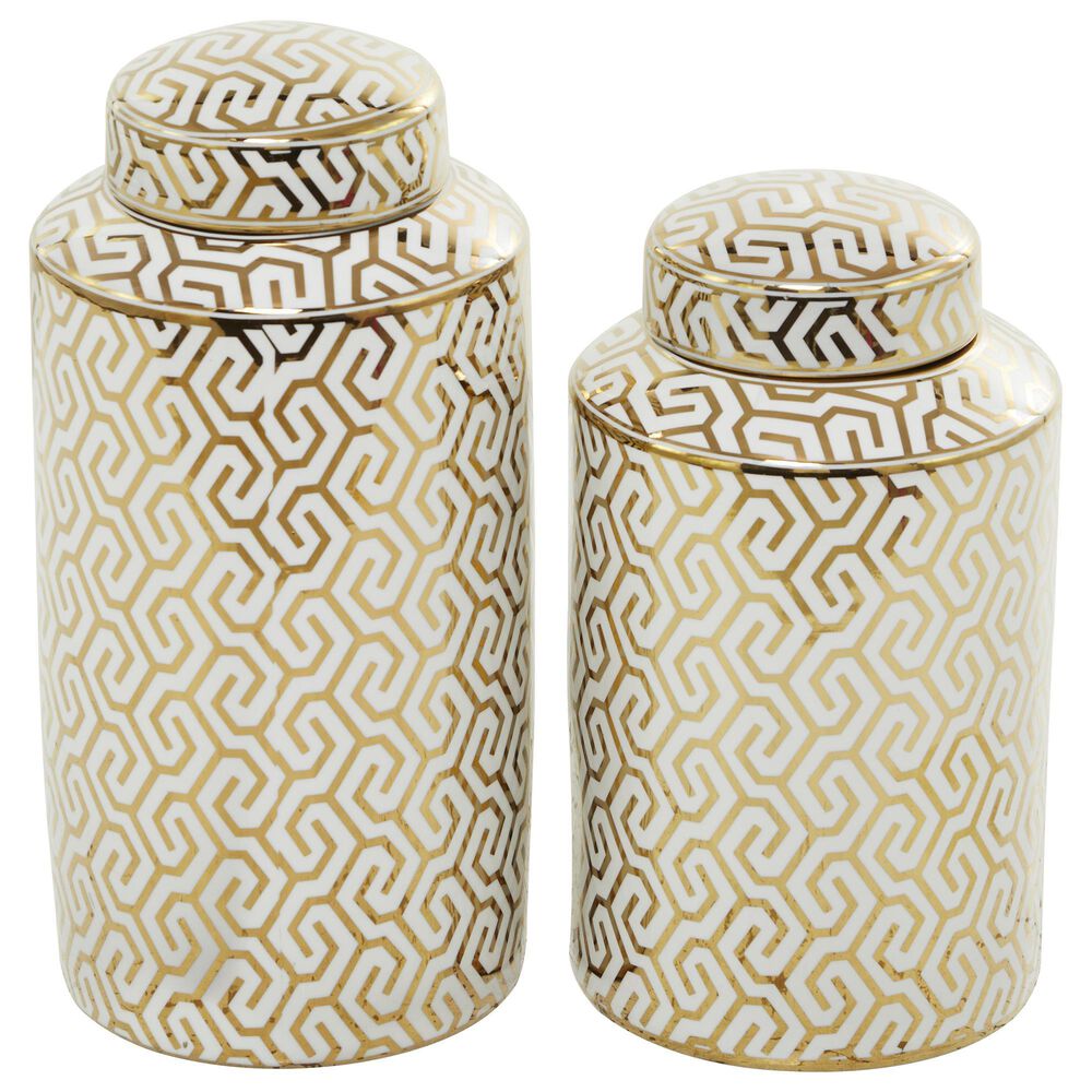 Maple and Jade 2-Piece Jar Set with Geometric Accents in Glossy Gold and White, , large