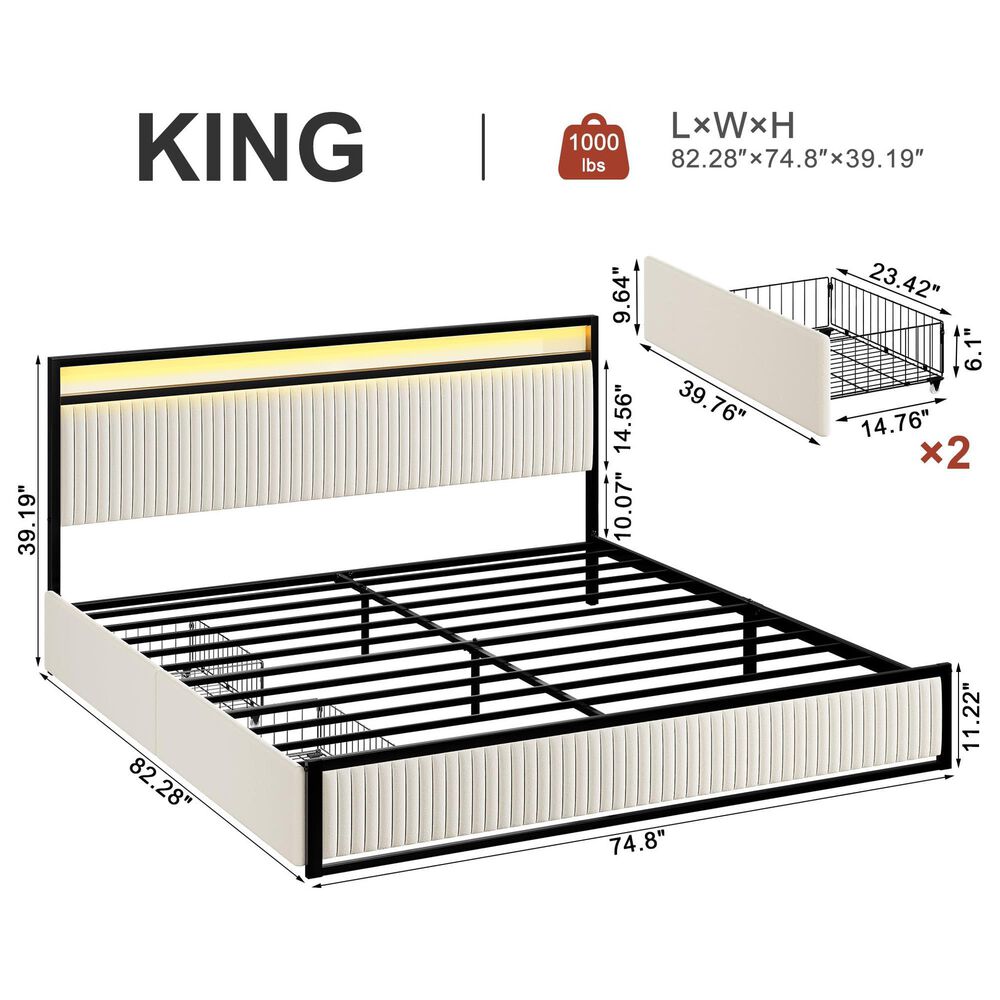 HOMLUX King 2-Drawer  Storage Bed with LED Headboard and USB Ports in Beige, , large