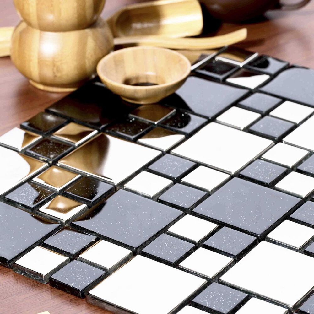 Mirrella Rousha Shiny Black and Silver 12" x 12" Glass Mosaic Sheet, , large