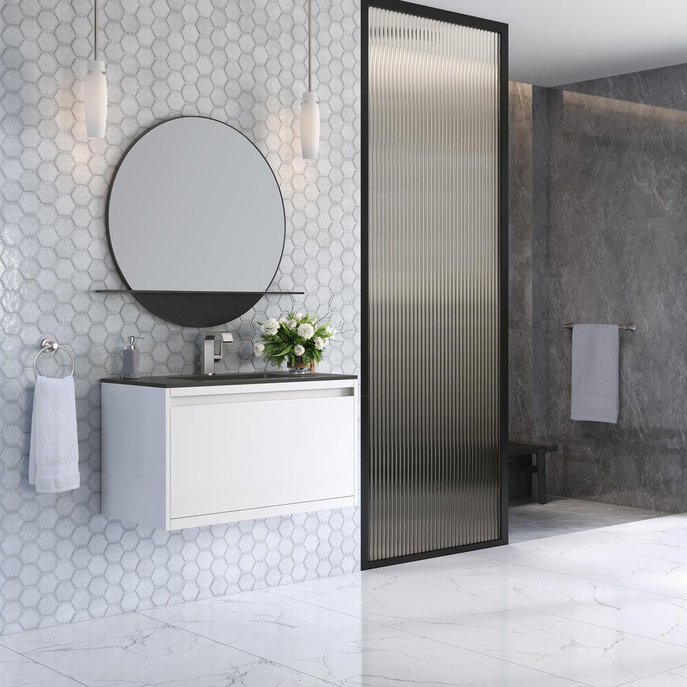 James Martin Mantova 35.4&quot; Single Mounted Bathroom Vanity in Glossy White with 2 cm Charcoal Black Resin Countertop and Rectangular Sink, , large