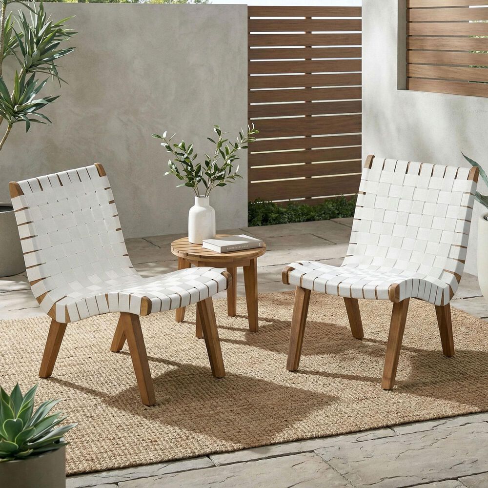 Hearth and Haven 3-Piece Outdoor Chat Set with Teak Slat-Top Side Table in White, , large