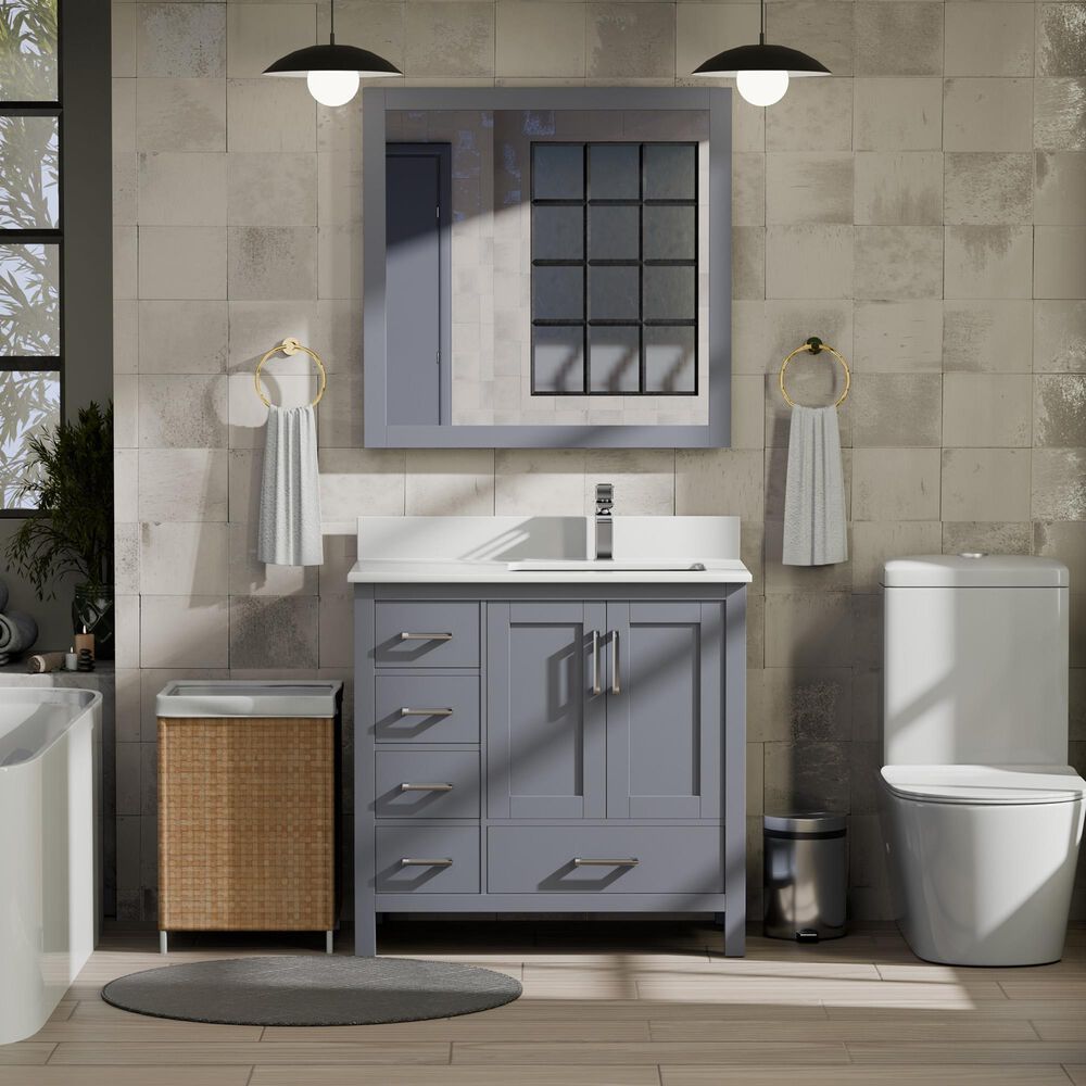 Lexora Home Jacques 36" Right Offset Single Bathroom Vanity in Dark Grey with 2 cm White Quartz Top and Rectangular Sink, , large