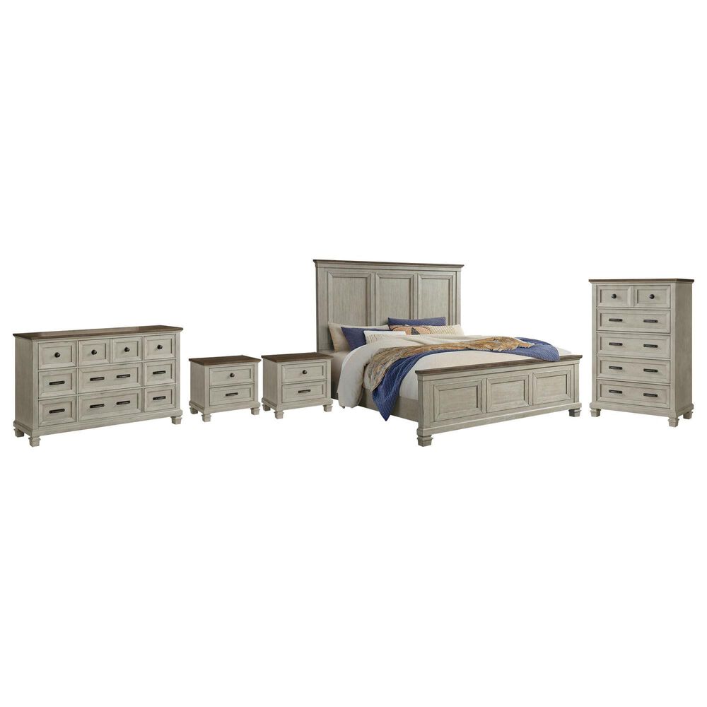 Mayberry Hill Farmington 5-Piece King Panel Bedroom Set with Two Nightstands in Medium Brown and Washed Stone, , large