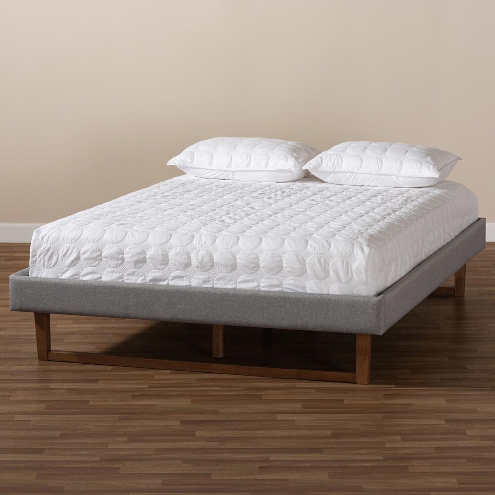 Baxton Studio Liliya Full Platform Bed Frame with Light Grey Upholstered in Walnut Brown, , large