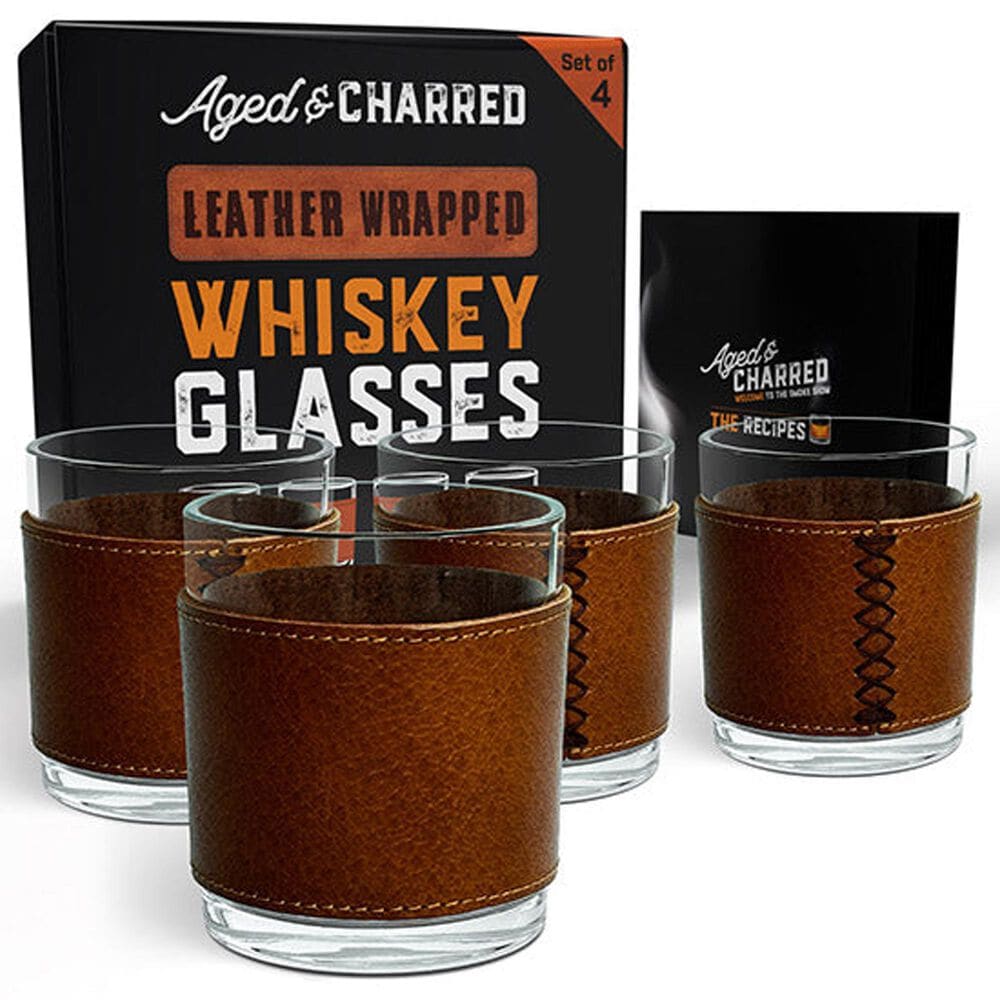 Aged & Charred Leather Wrapped Whiskey Glasses in Multicolor (Set of 4), , large