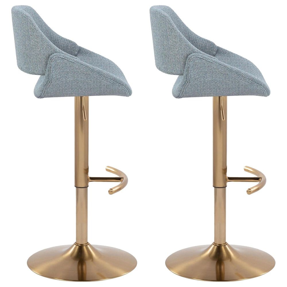 LumiSource Fabrico Swivel Adjustable Bar Stool with Blue Noise Fabric Upholstery and Rounded T Footrest in Gold (Set of 2), , large