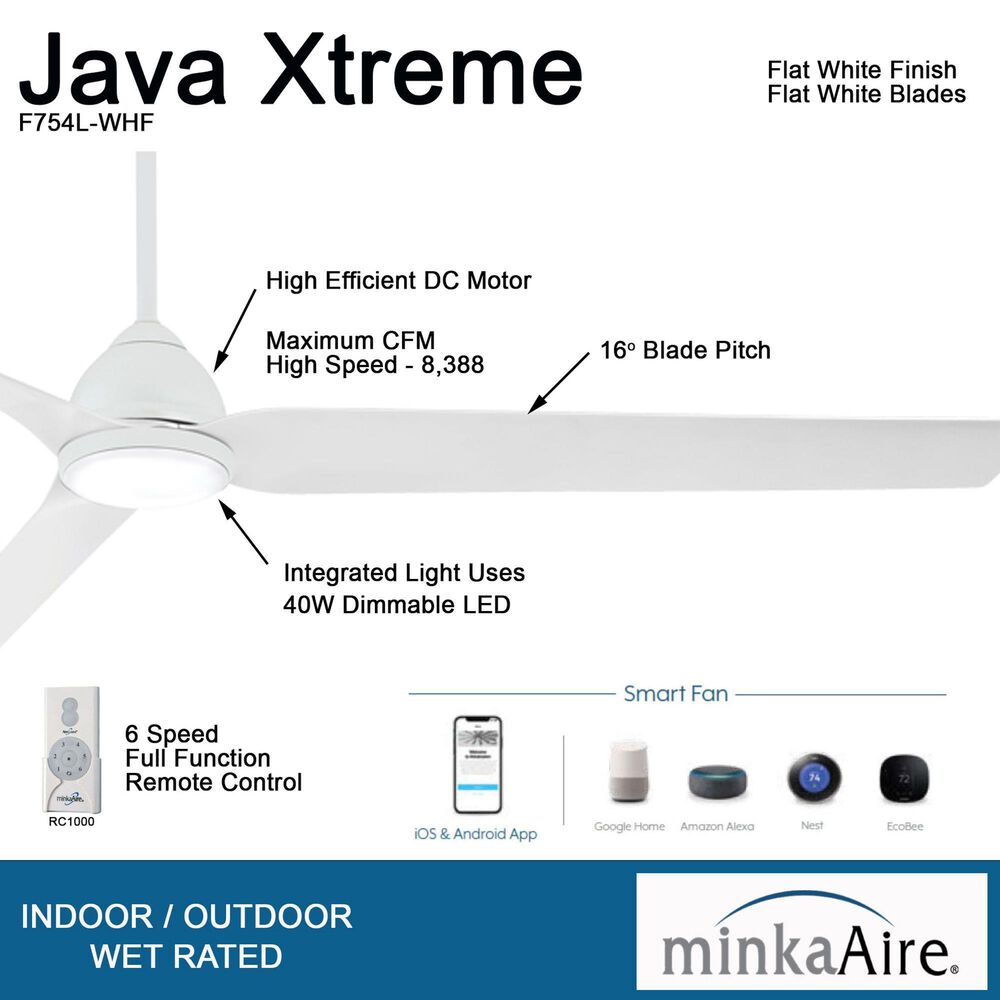 Minka-Aire Java Xtreme 84" Indoor/Outdoor LED Smart Ceiling Fan in Flat White, , large