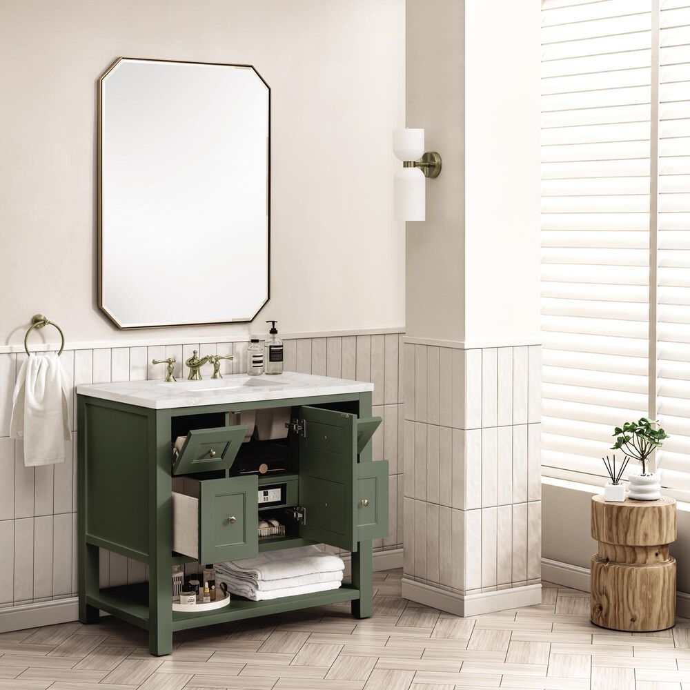 James Martin Vanities Breckenridge 36&quot; Single Bathroom Vanity in Smokey Celadon with 3 cm Victorian Silver Quartz Top and Rectangular Sink, , large
