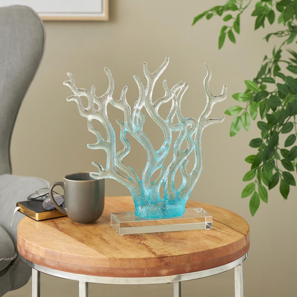 Maple and Jade Coral Ombre Decorative Sculpture with Base in Blue and Clear, , large