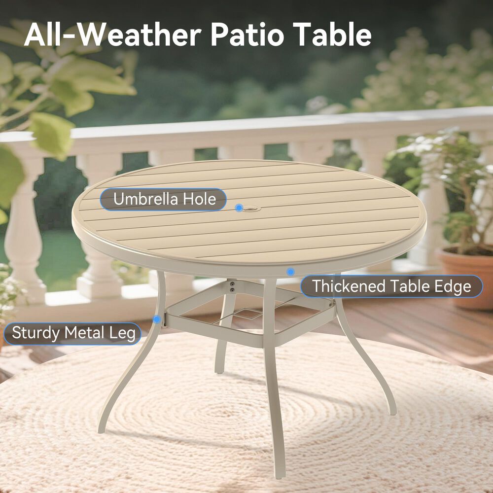 Hearth and Haven 7-Piece Outdoor Metal Dining Set with Stackable Chairs and Round Slatted Table in Sandstone, , large