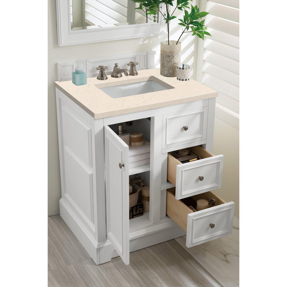 James Martin Vanities De Soto 30&quot; Single Bathroom Vanity in Bright White with 3 cm Eternal Marfil Quartz Top and Rectangular Sink, , large