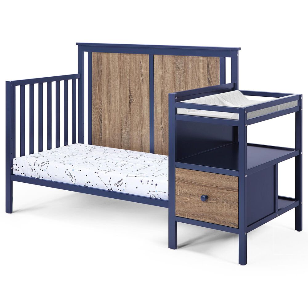 Hearth and Haven Connelly 4-In-1 Convertible Crib with Changer Combo in Midnight Blue and Vintage Walnut, , large