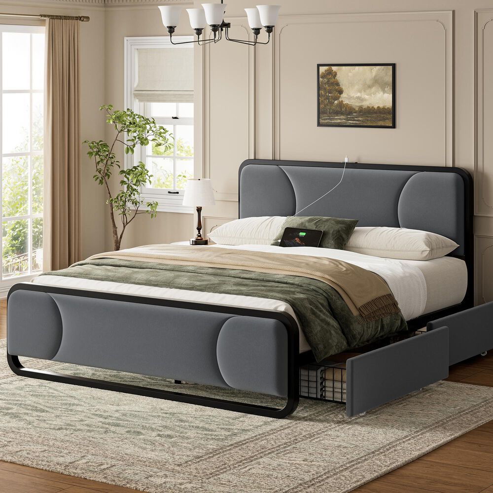 HOMLUX Full Upholstered Platform Storage Bed Frame in Gray, , large