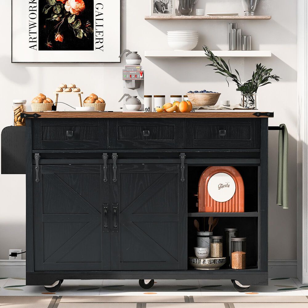 HOMLUX 54" Kitchen Island with Sliding Barn Door in Black, , large