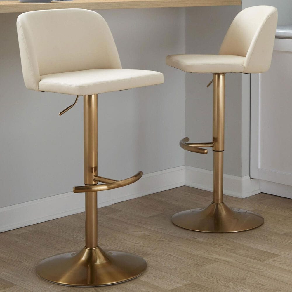 LumiSource Toriano Swivel Adjustable Bar Stool with Cream Faux Leather Upholstery in Gold (Set of 2), , large