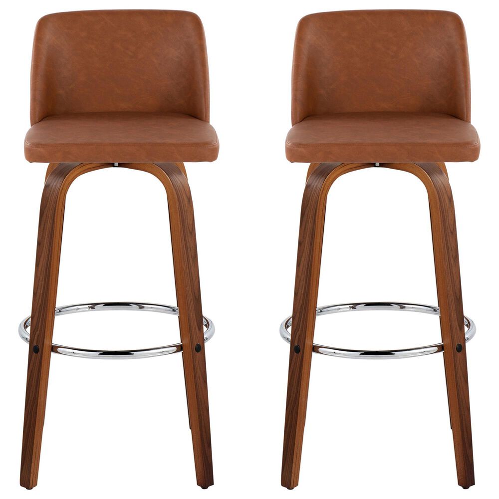 LumiSource Toriano Swivel Bar Stool with Camel Faux Leather Upholstery in Walnut and Chrome (Set of 2), , large