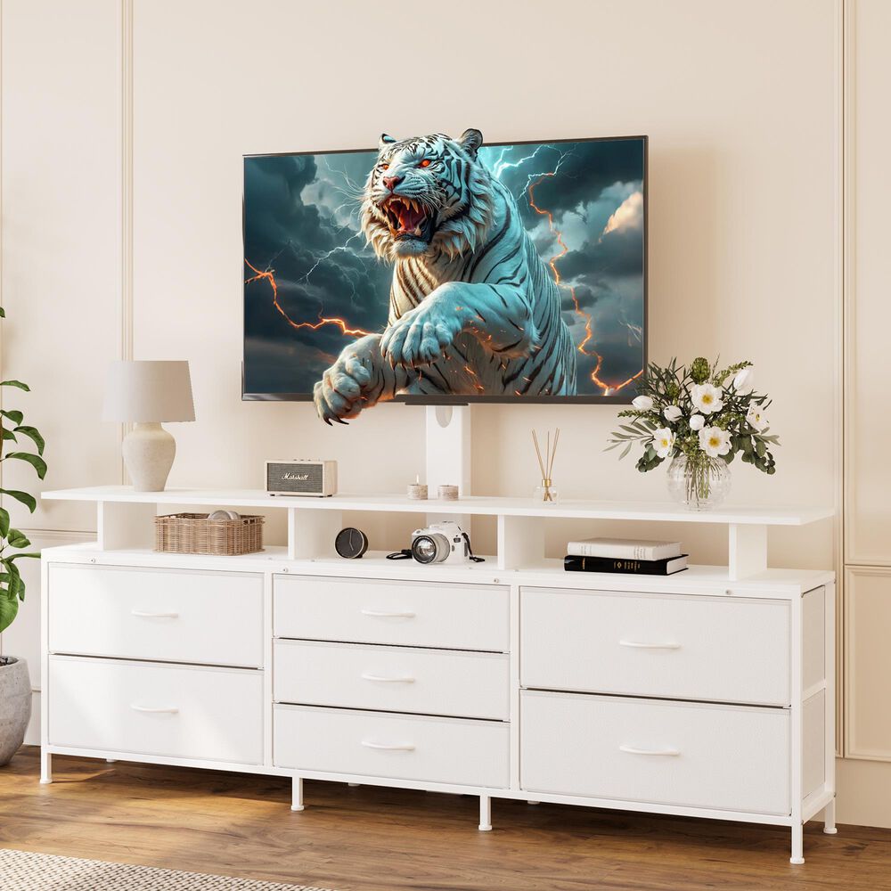 HOMLUX 63" 7-Drawer TV Stand with Adjustable TV Mount in Leather White, , large