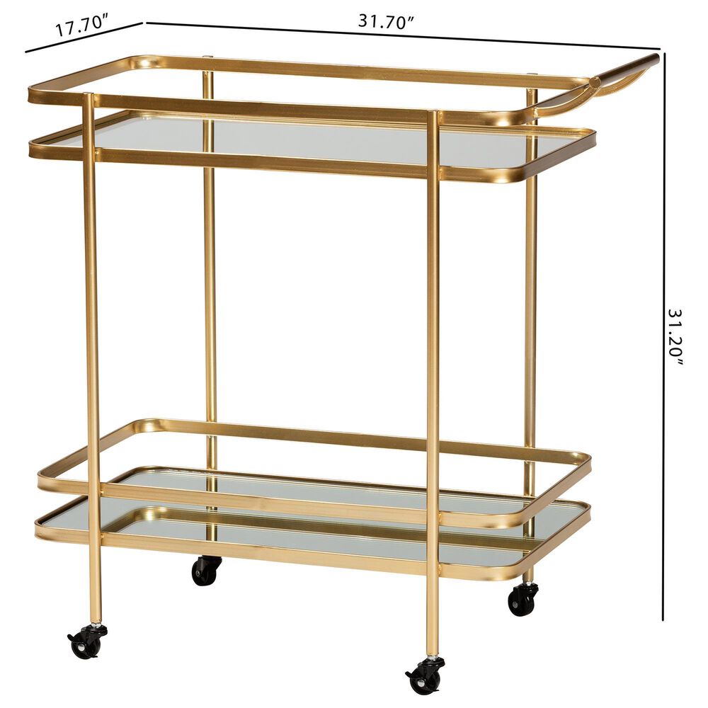 Baxton Studio Destin 2-Tier Mobile Wine Bar Cart in Brushed Gold and Clear, , large
