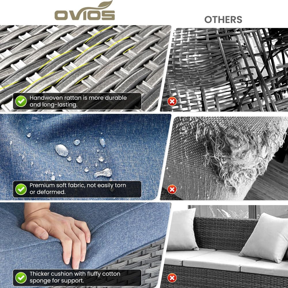 HOMLUX 7-Piece Patio Set with 42 Inch Fire Pit Table, Outdoor Wicker Sofa and Swivel Rocking Chairs, Grey Rattan in Denim Blue, , large