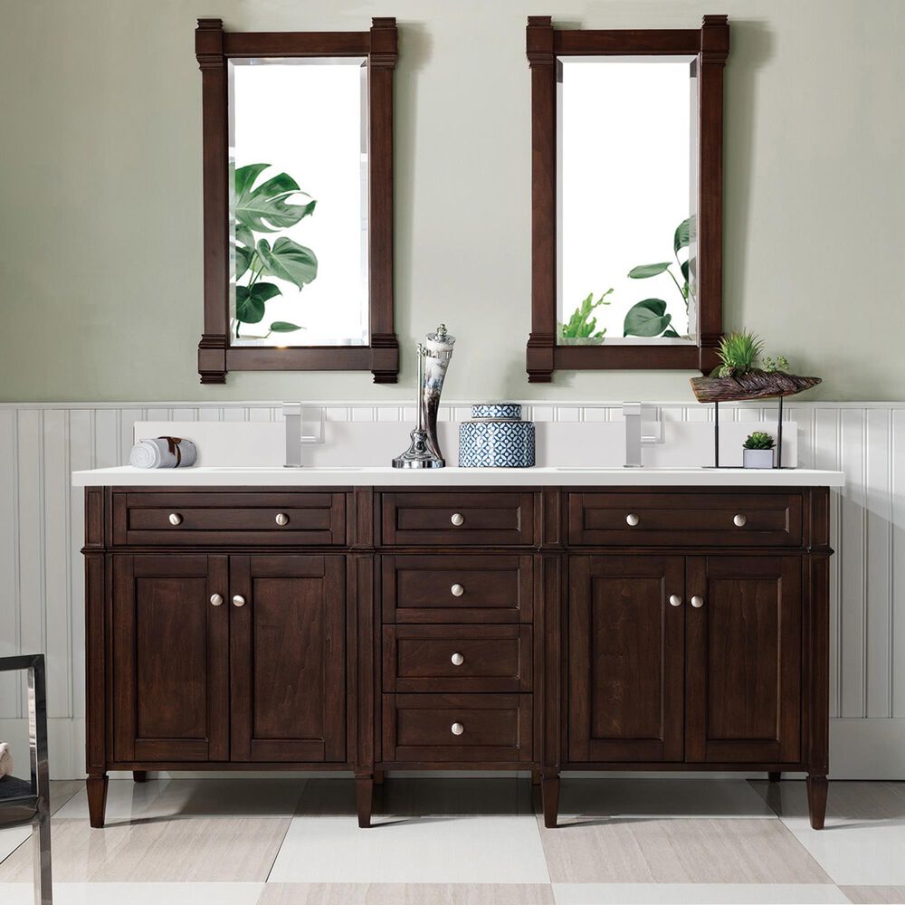 James Martin Vanities Brittany 72&quot; Double Bathroom Vanity in Burnished Mahogany with 3 cm White Zeus Quartz Top and Rectangular Sinks, , large