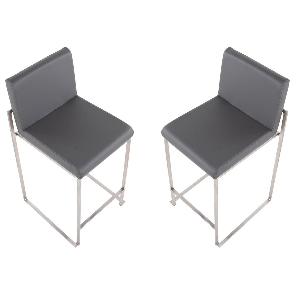 Lumisource Fuji Stackable Counter Stool with Grey Faux Leather Cushion in Brushed Stainless Steel &#40;Set of 2&#41;, , large