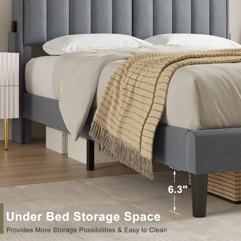HOMLUX Full Storage Platform Bed with LED Headboard with Charging Station in Gray, , large