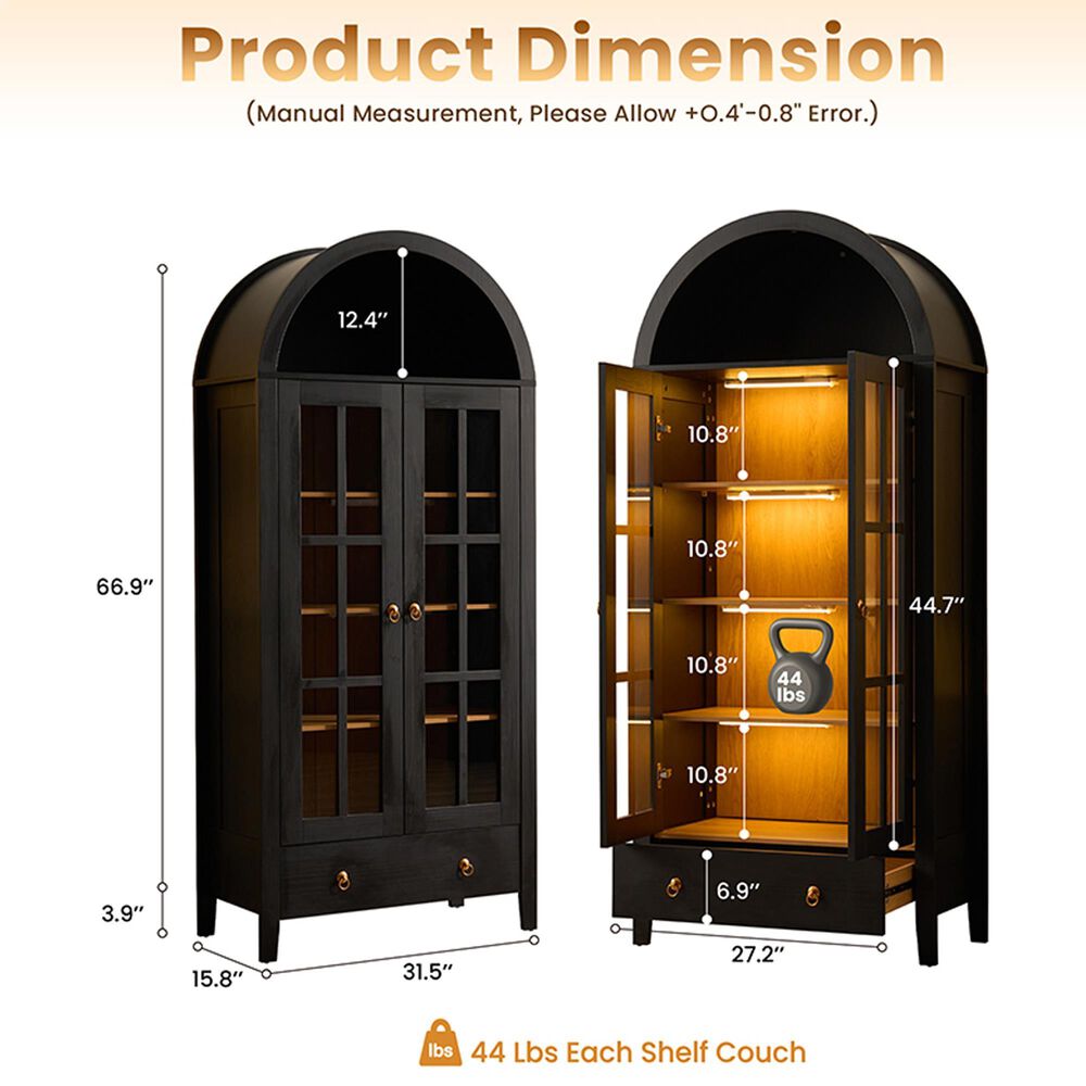 HOMLUX Arched Storage Cabinet with LED Induction Lights in Black, , large