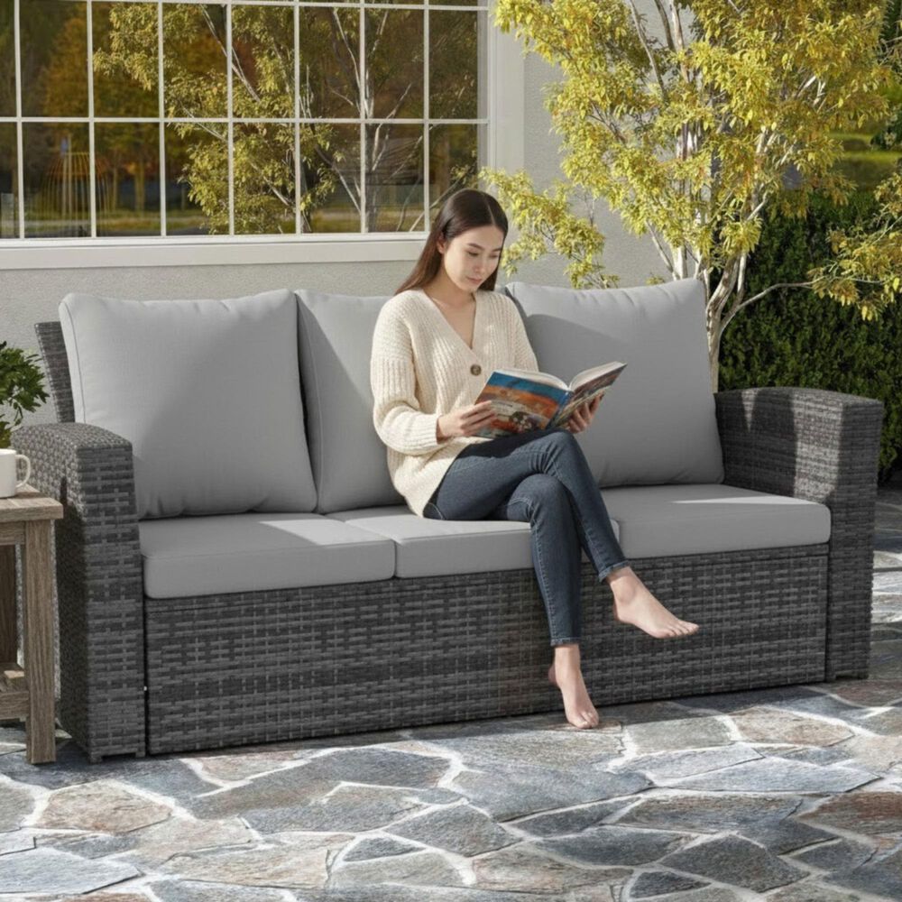 Hearth and Haven Outdoor Sofa with Black Wicker Frame in Gray, , large